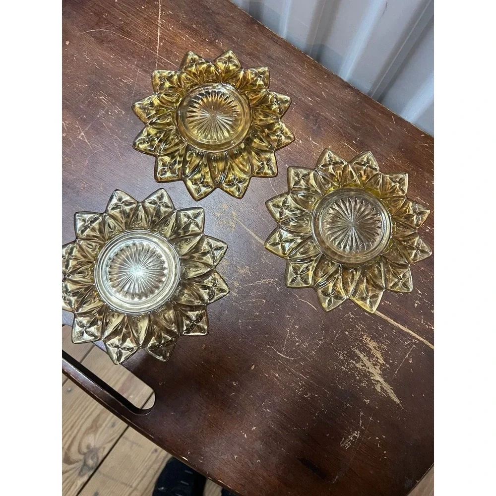 Vintage Federal Glass Amber Sungold Petal Sunflower Plates and Leaf Dish Set